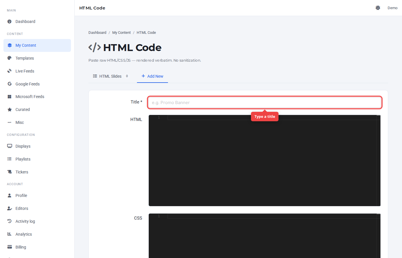 Empty HTML form with the Title field highlighted