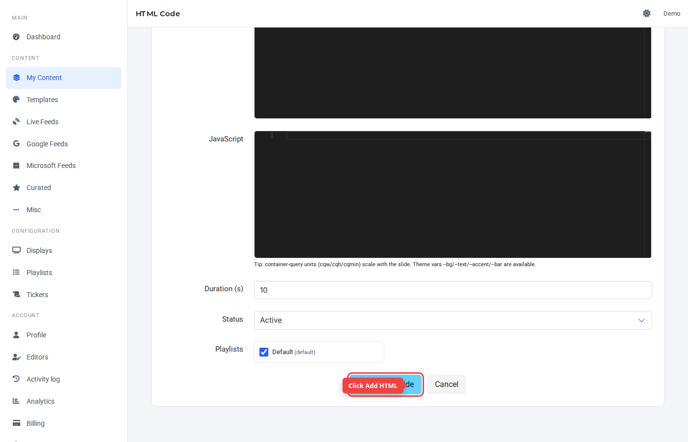 Form bottom with the Add HTML button highlighted