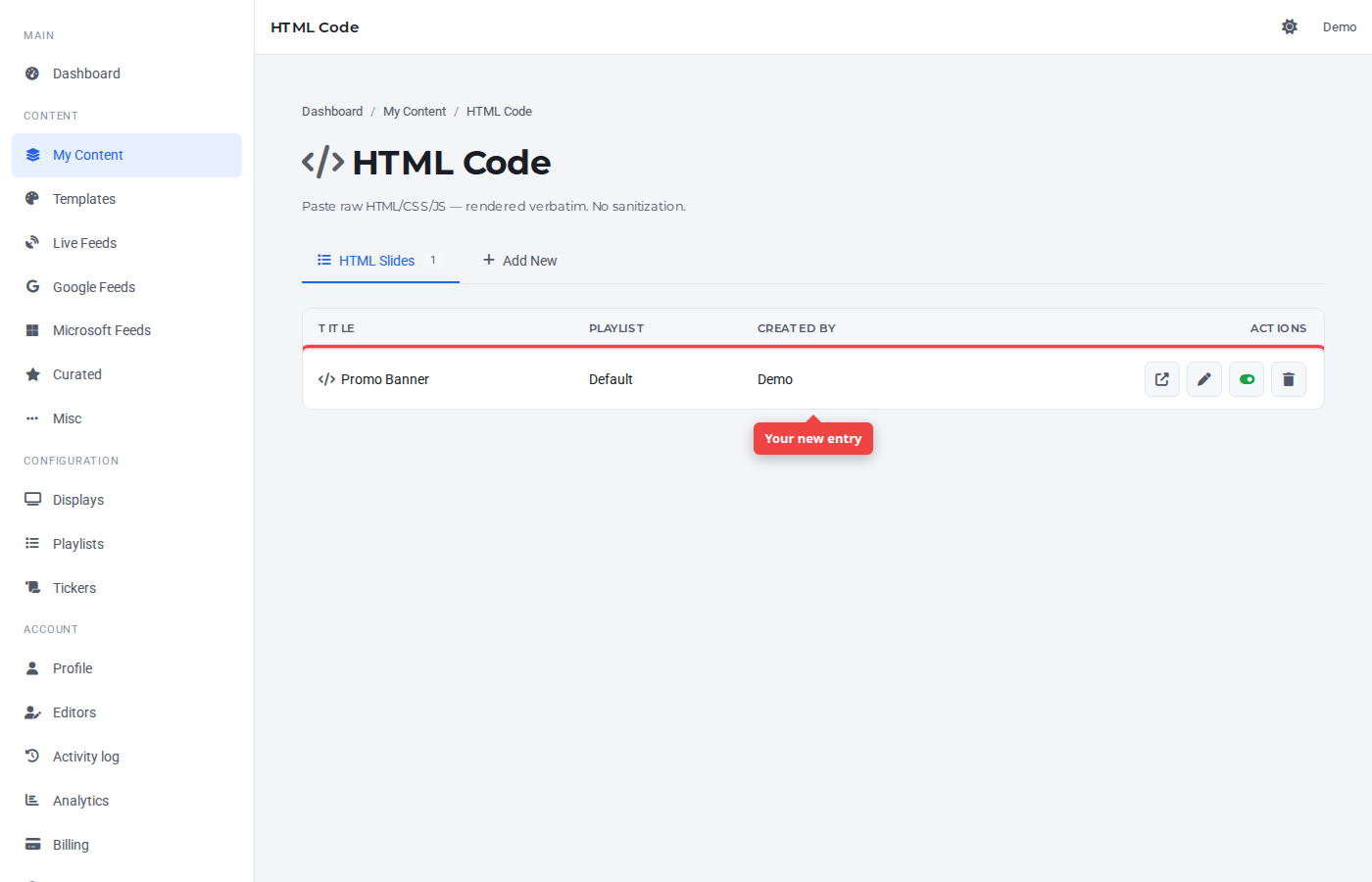 HTML Code list with the new entry highlighted