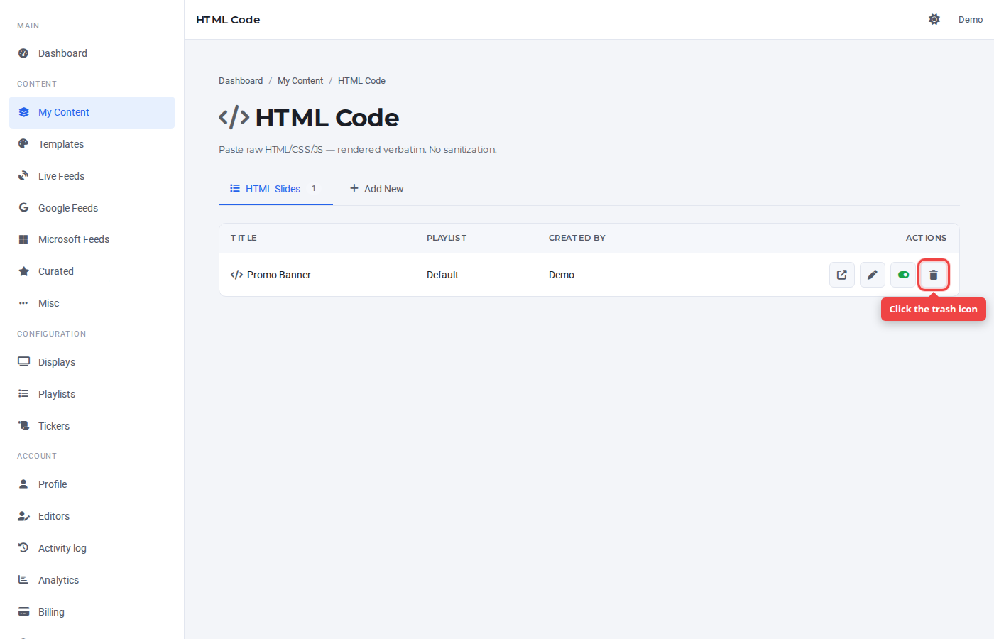 HTML Code row with the trash icon highlighted