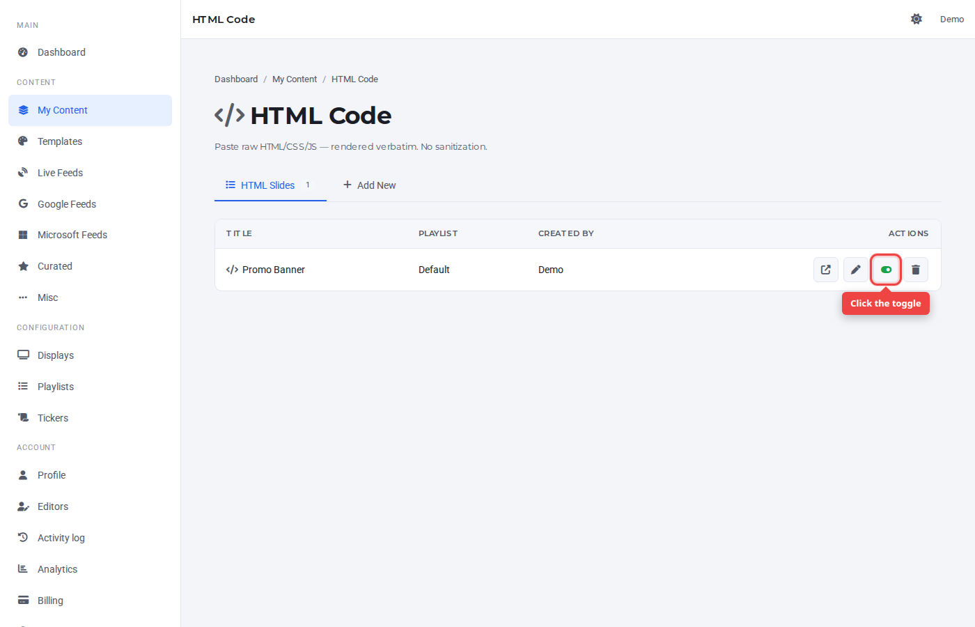 HTML Code row with the toggle icon highlighted
