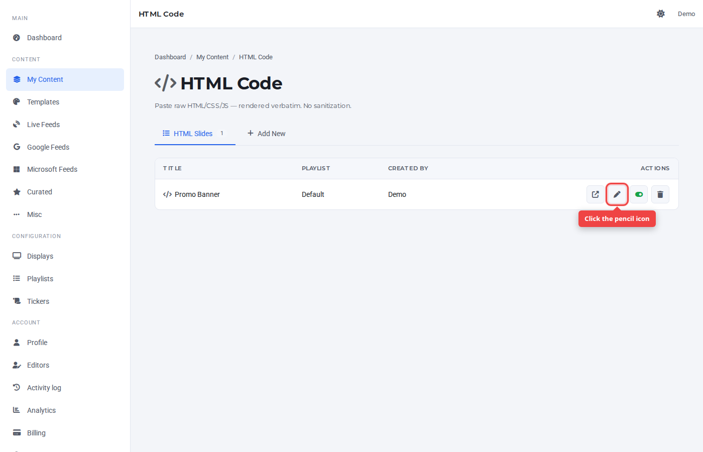 HTML Code row with the pencil (edit) icon highlighted