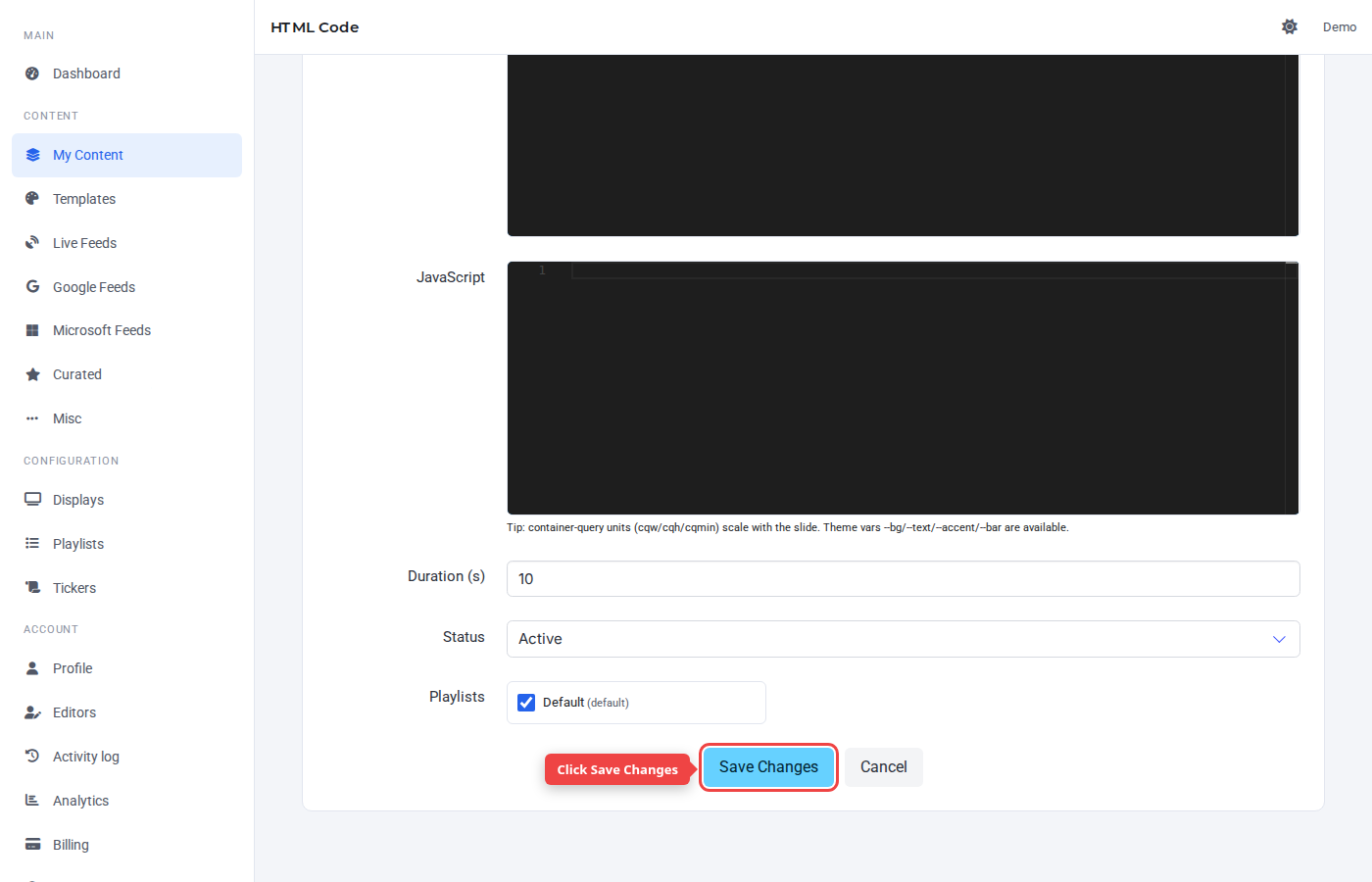 Form bottom with the Save Changes button highlighted