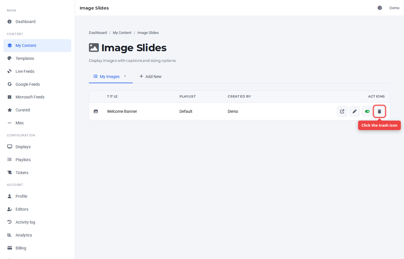 Image Slides row with the trash icon highlighted