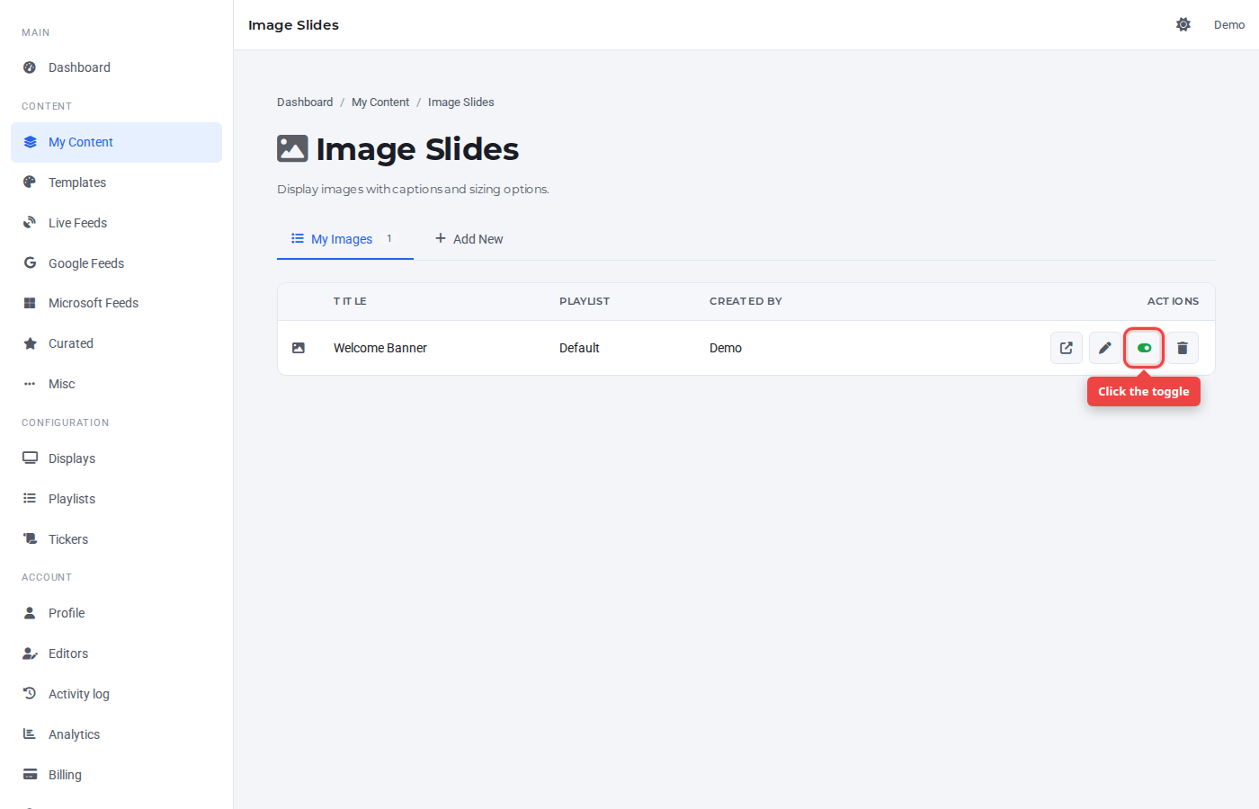 Image Slides row with the toggle icon highlighted