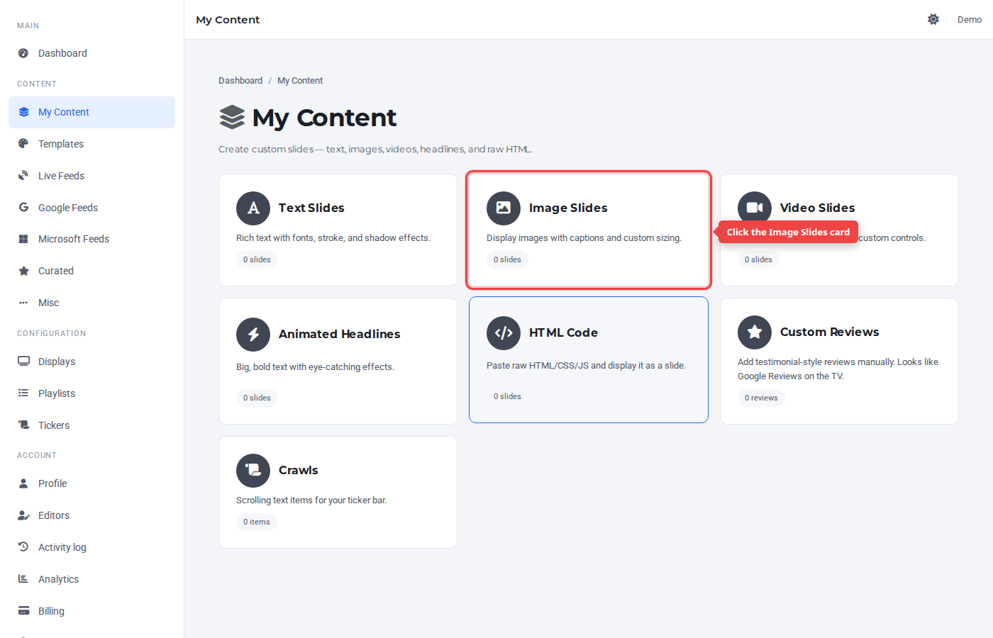 My Content hub with the Image Slides card highlighted