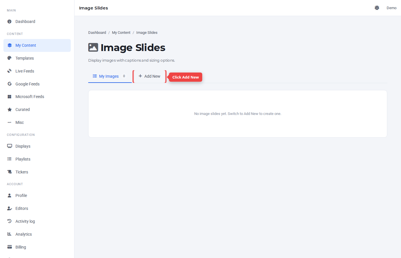 Image Slides page with the Add New tab highlighted