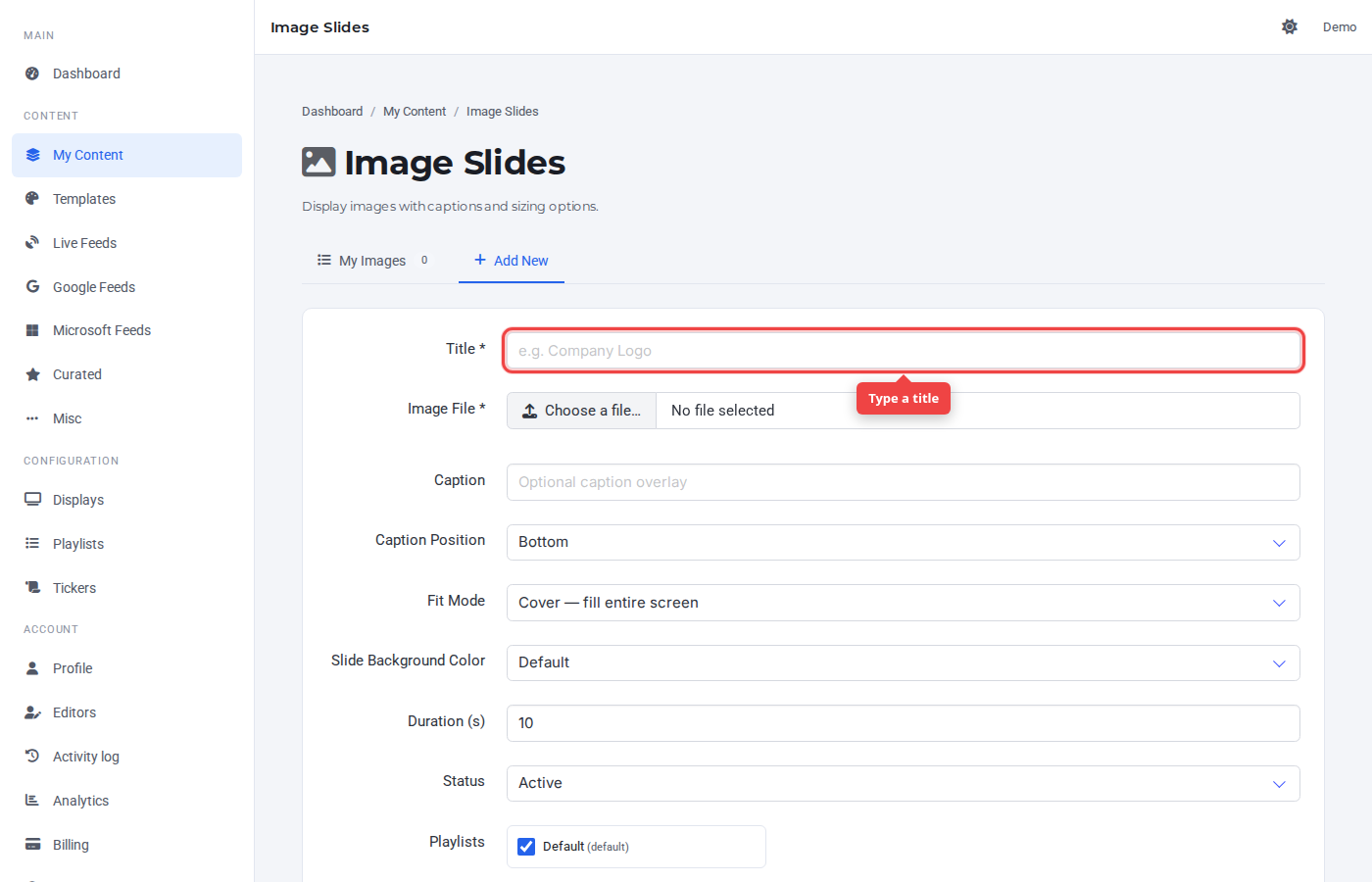 Empty image form with the Title field highlighted