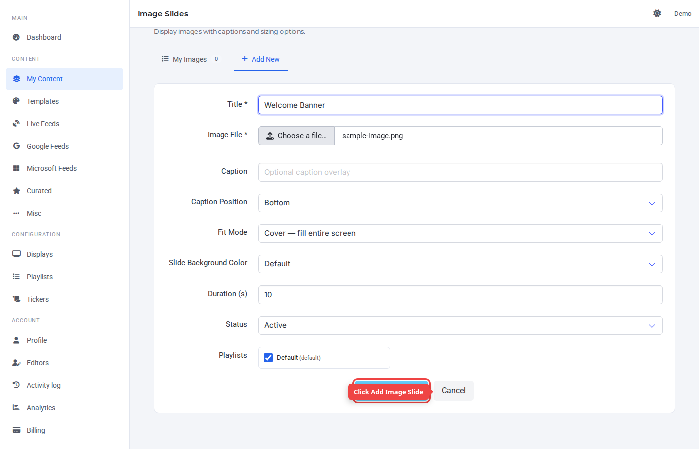 Form bottom with the Add Image Slide button highlighted