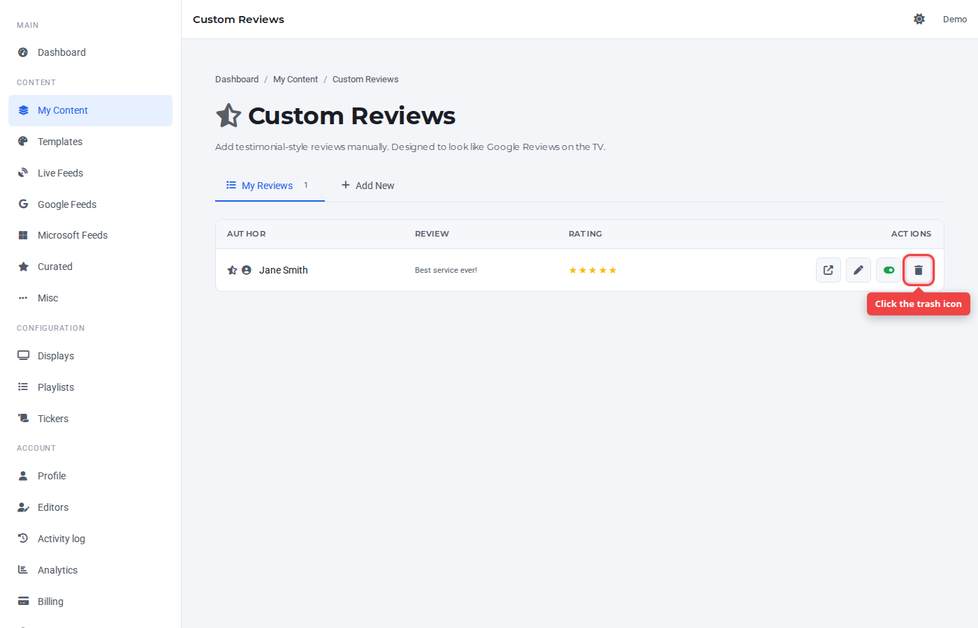 Custom Reviews row with the trash icon highlighted
