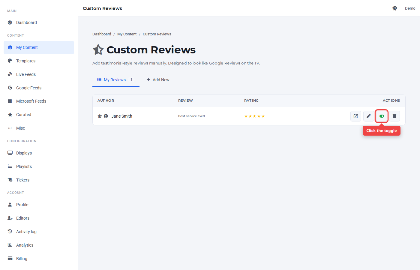 Custom Reviews row with the toggle icon highlighted