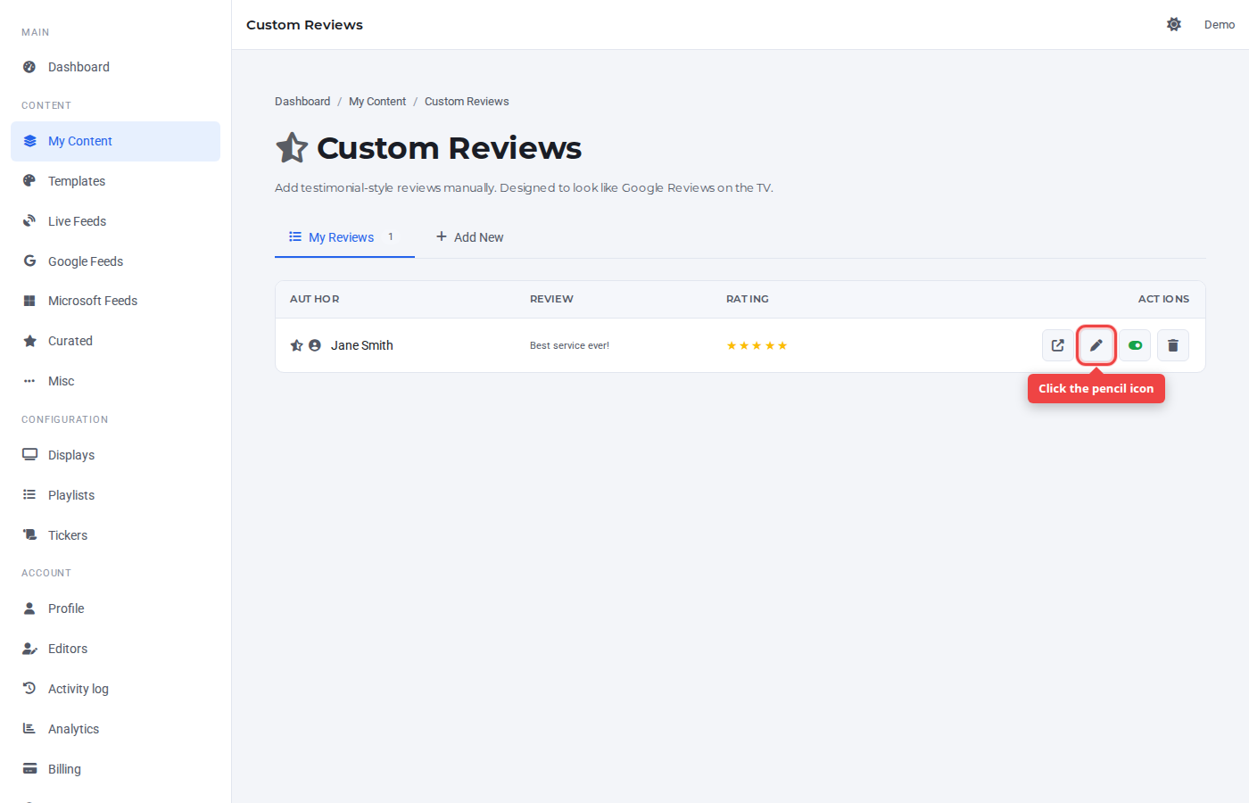 Custom Reviews row with the pencil (edit) icon highlighted