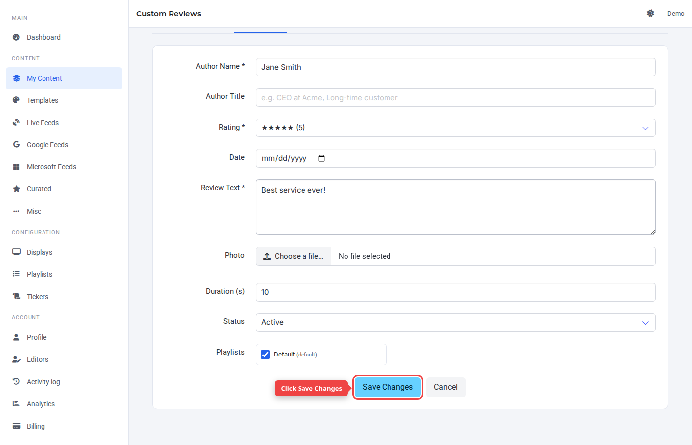 Form bottom with the Save Changes button highlighted