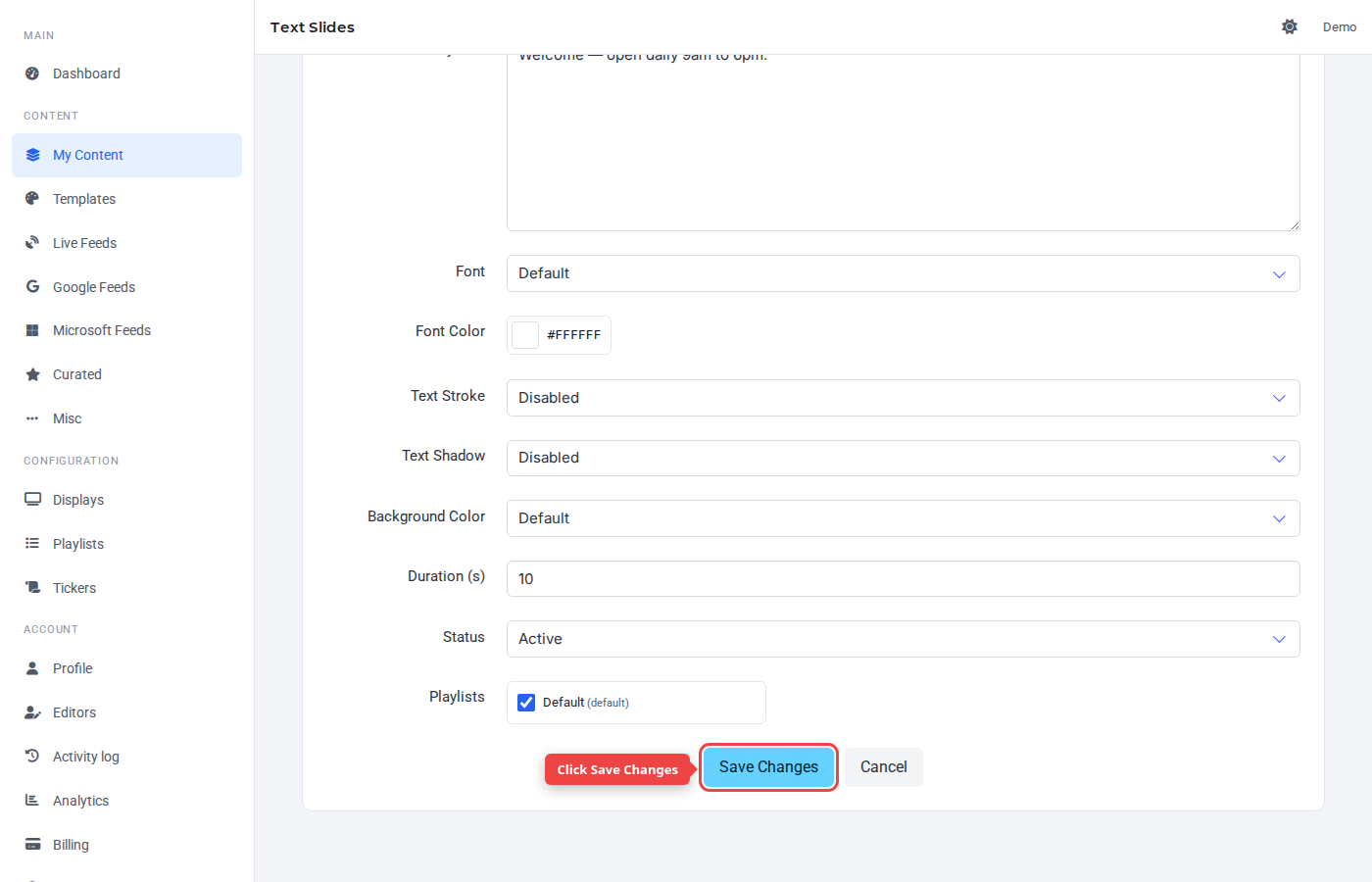 Form bottom with the Save Changes button highlighted