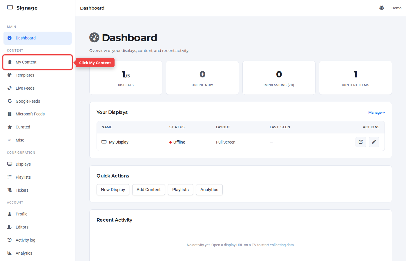 Dashboard with the My Content link in the sidebar highlighted