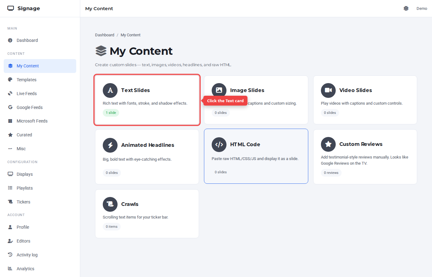 My Content hub with the Text card highlighted