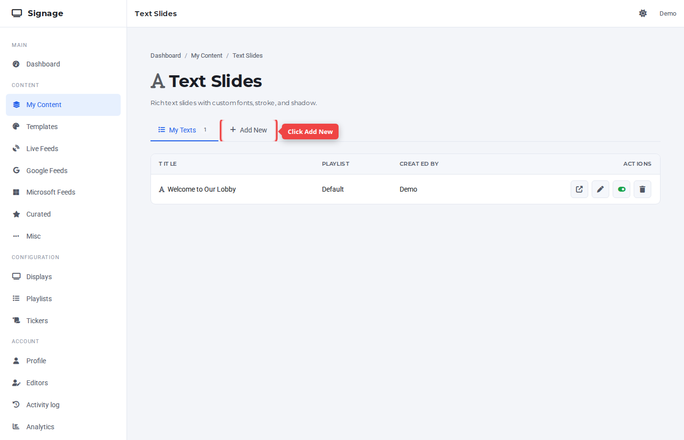 Text Slides page with the Add New tab highlighted