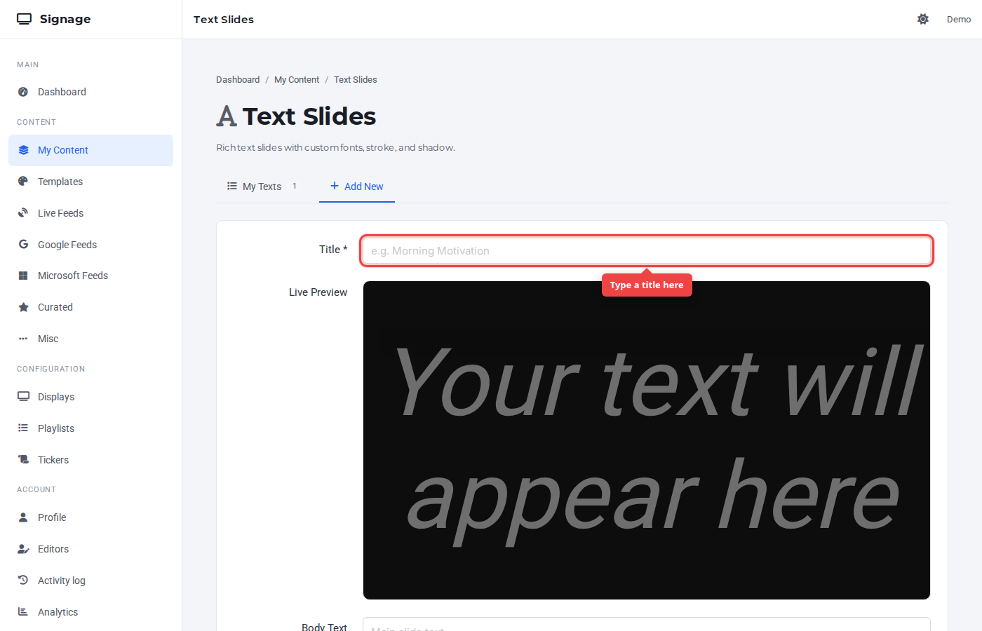 Empty Add New form with the Title field highlighted