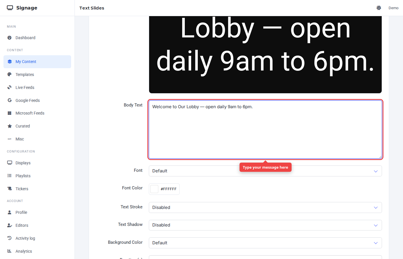 Form with the title and body text typed in, showing live preview