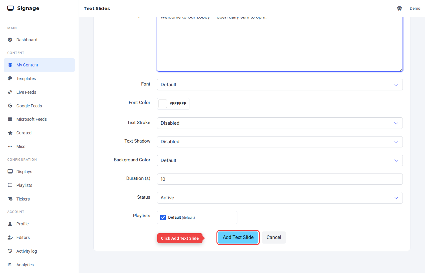 Bottom of the form with the Add Text Slide button highlighted