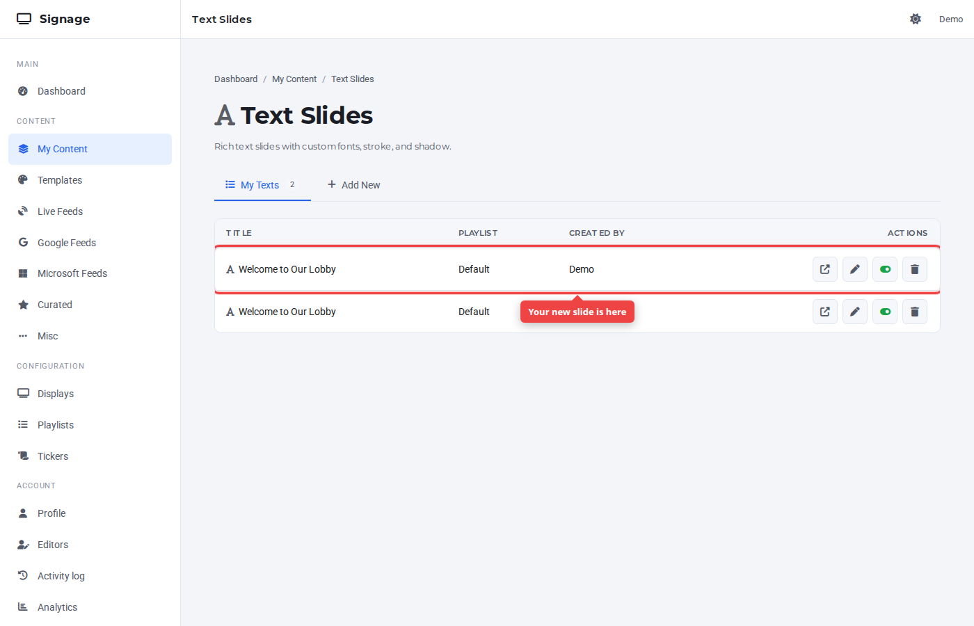 Text Slides list with the new entry highlighted at the top