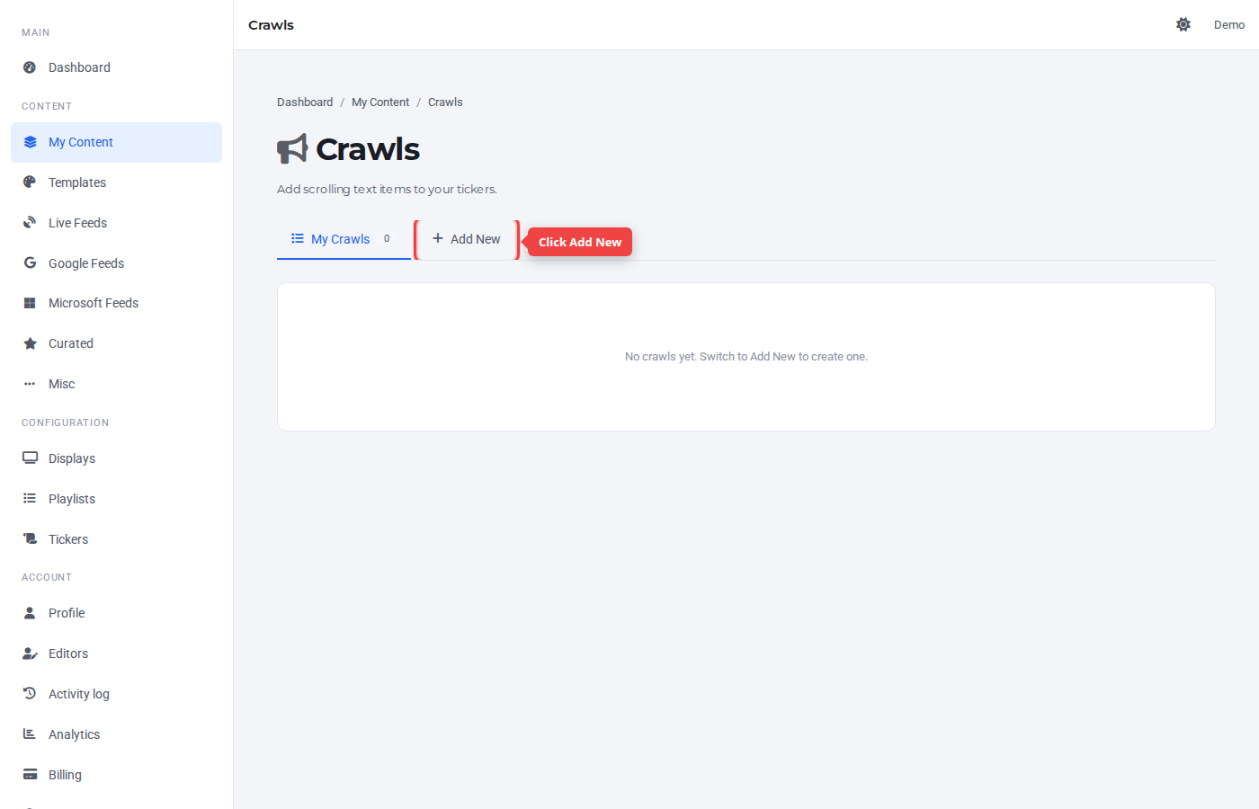 Crawls page with the Add New tab highlighted