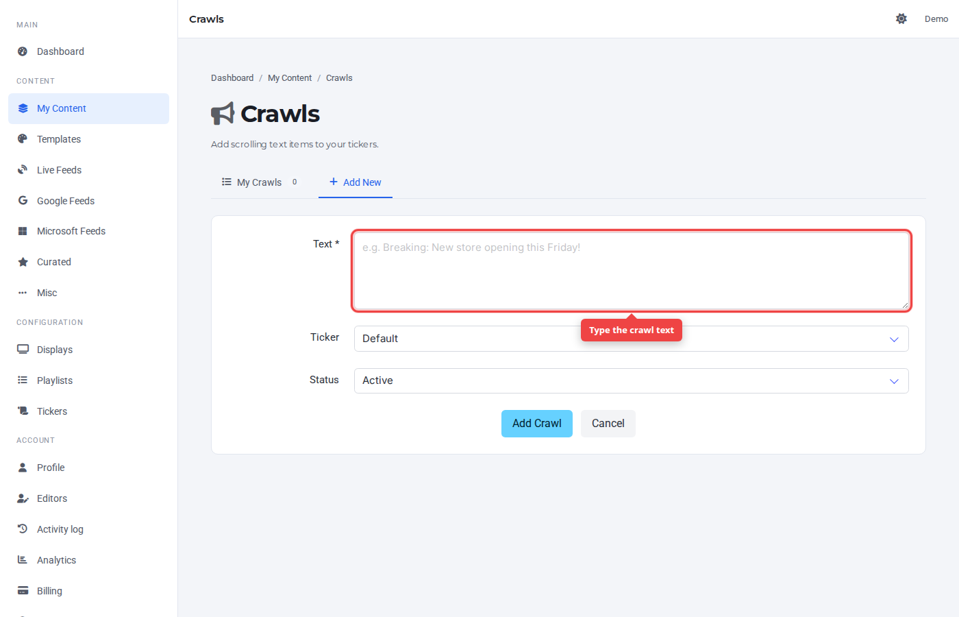 Crawl form with the text field highlighted