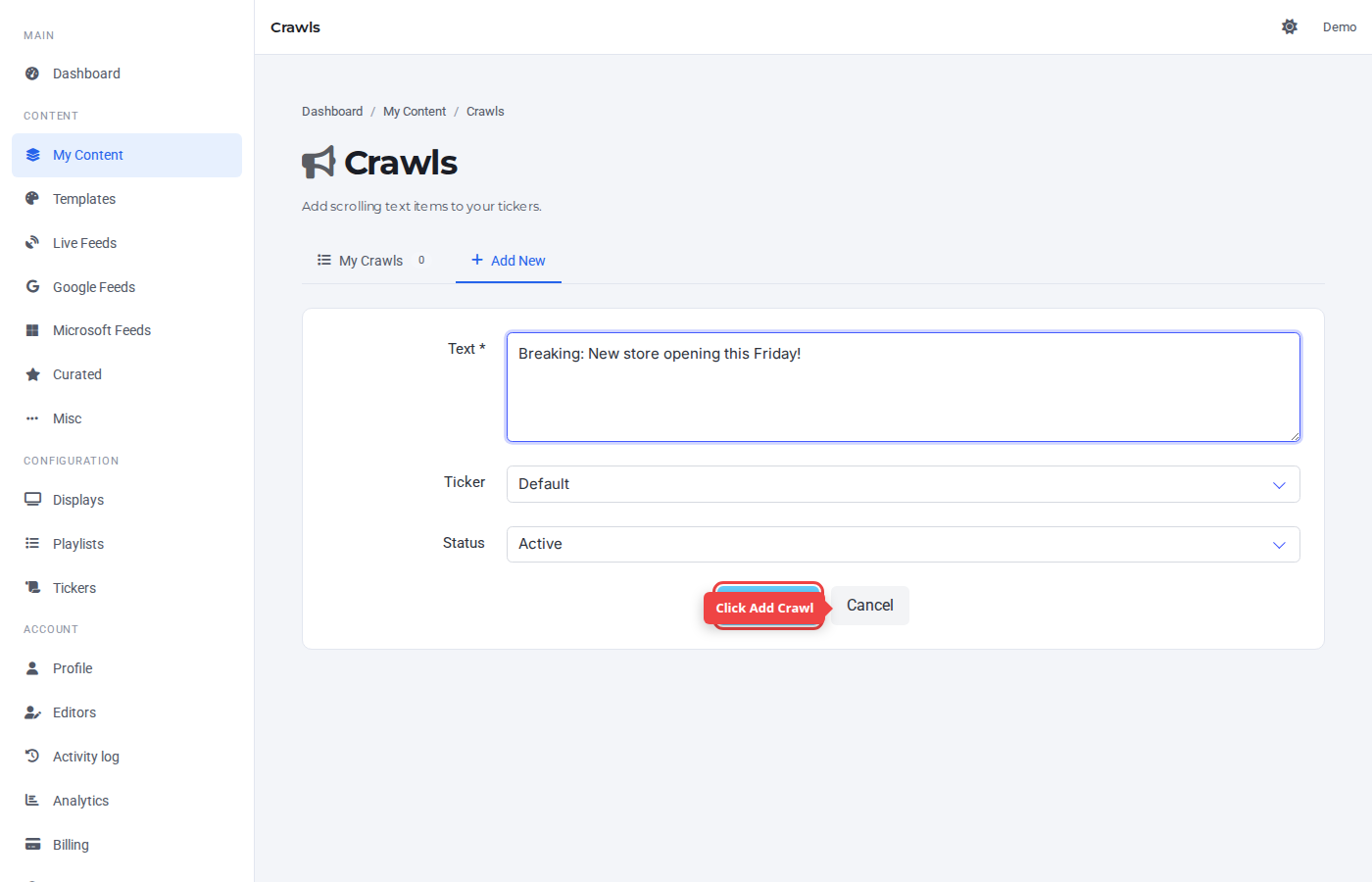 Form bottom with the Add Crawl button highlighted
