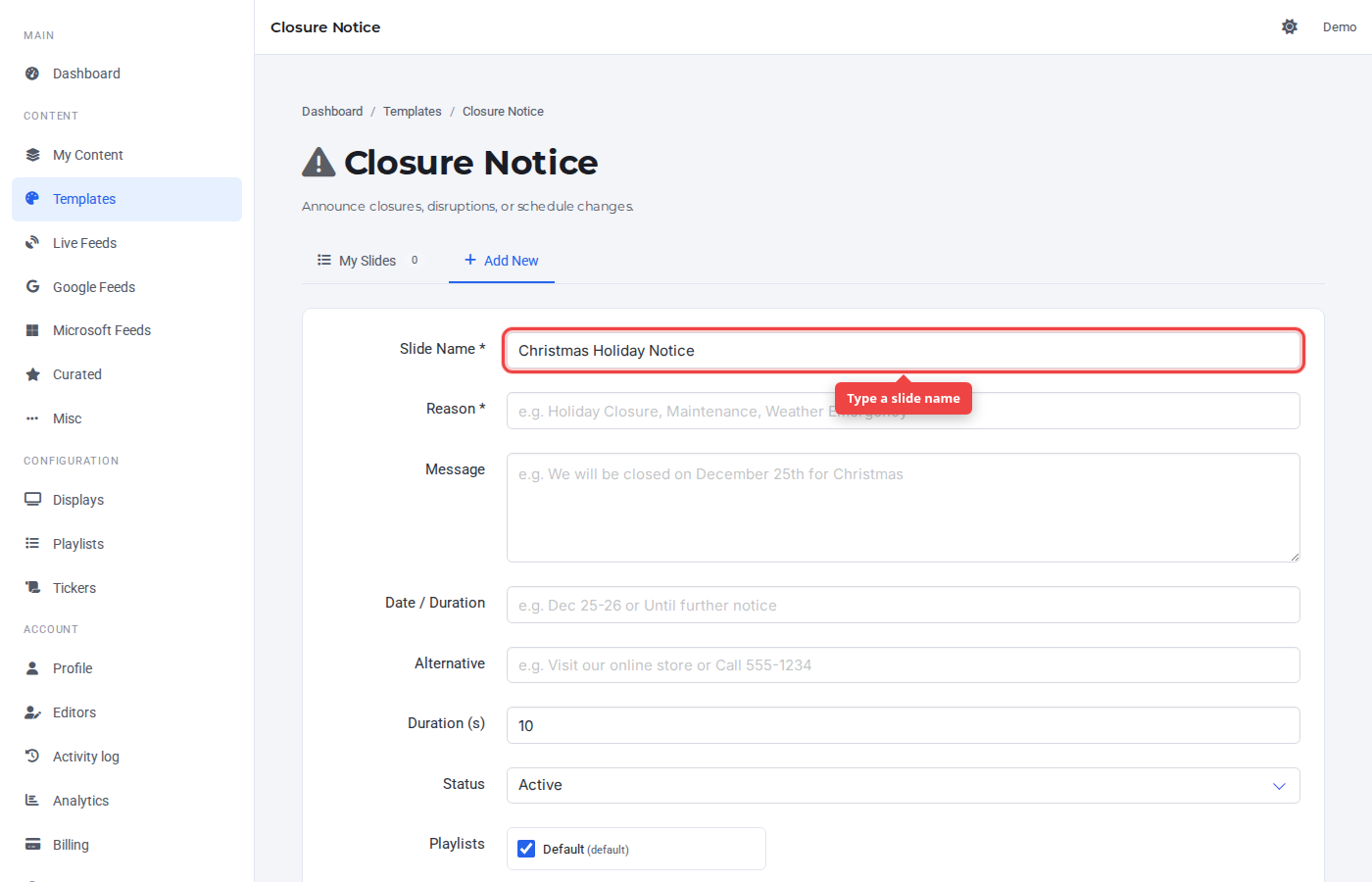 Slide Name field highlighted on the Add New tab