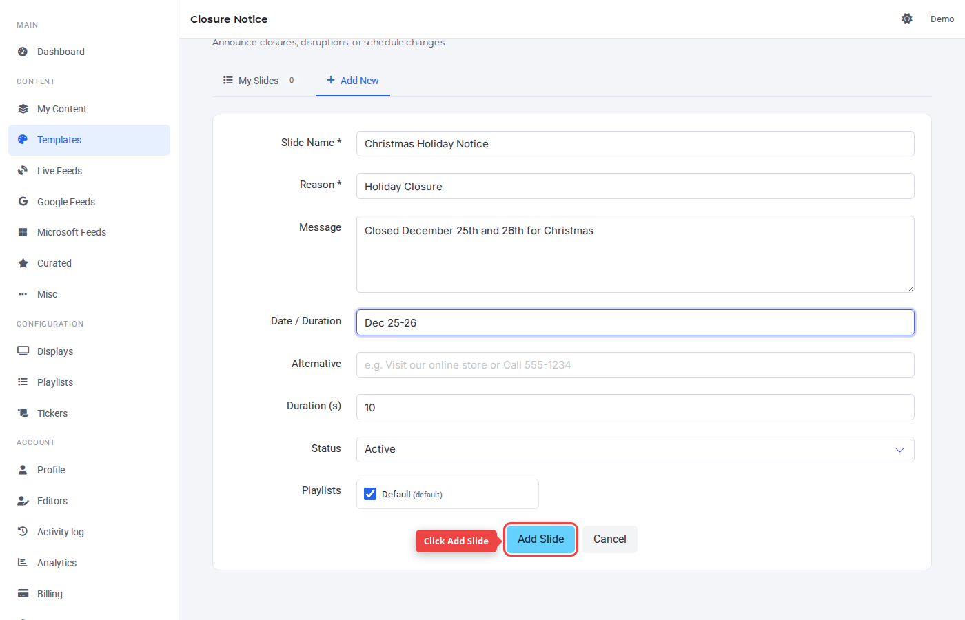 Form bottom with the Add Slide button highlighted