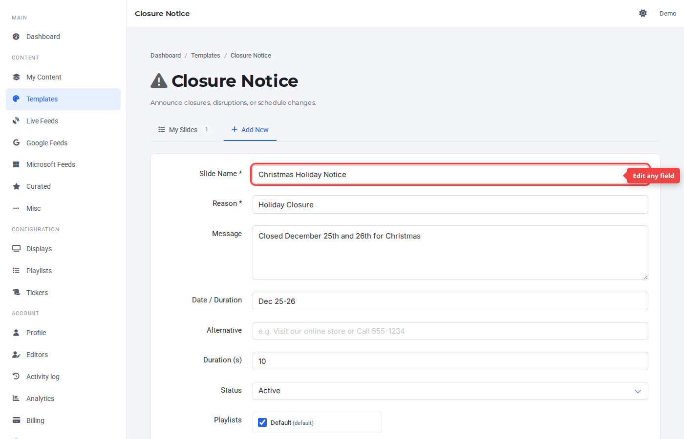Edit form pre-filled with the slide's saved values