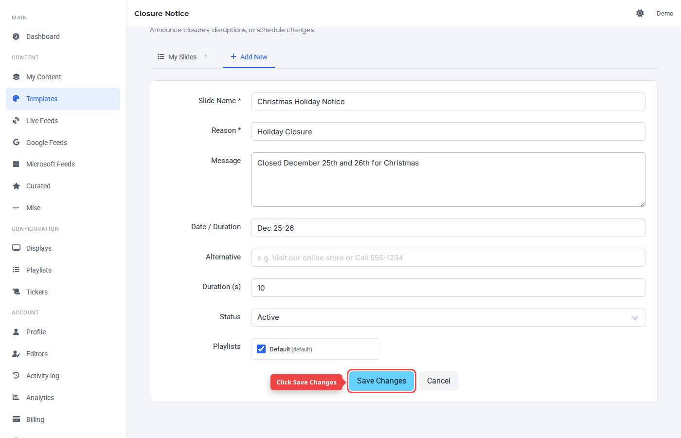 Form bottom with the Save Changes button highlighted