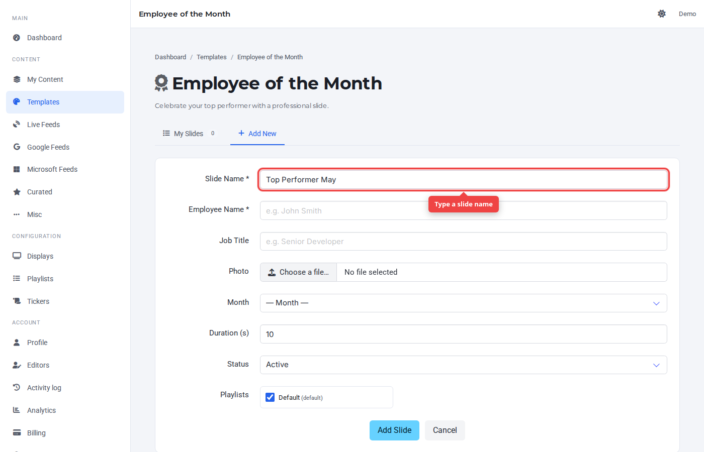 Slide Name field highlighted on the Add New tab
