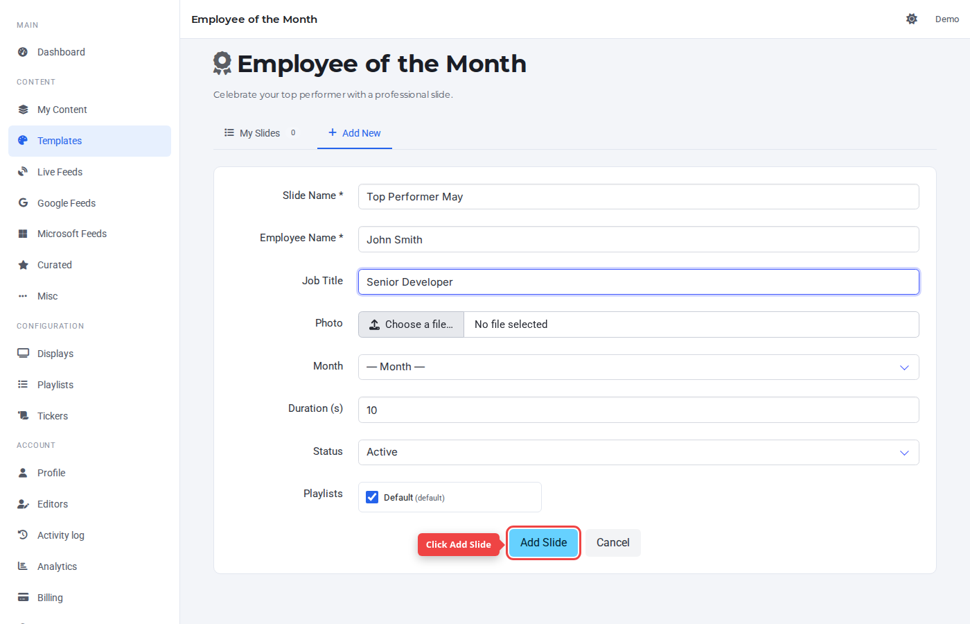 Form bottom with the Add Slide button highlighted