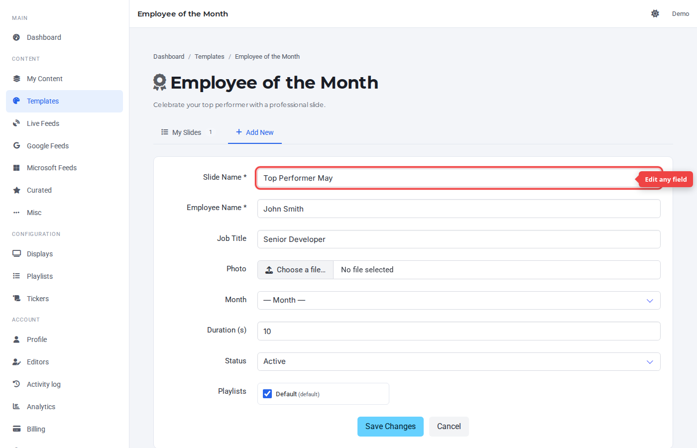 Edit form pre-filled with the slide's saved values