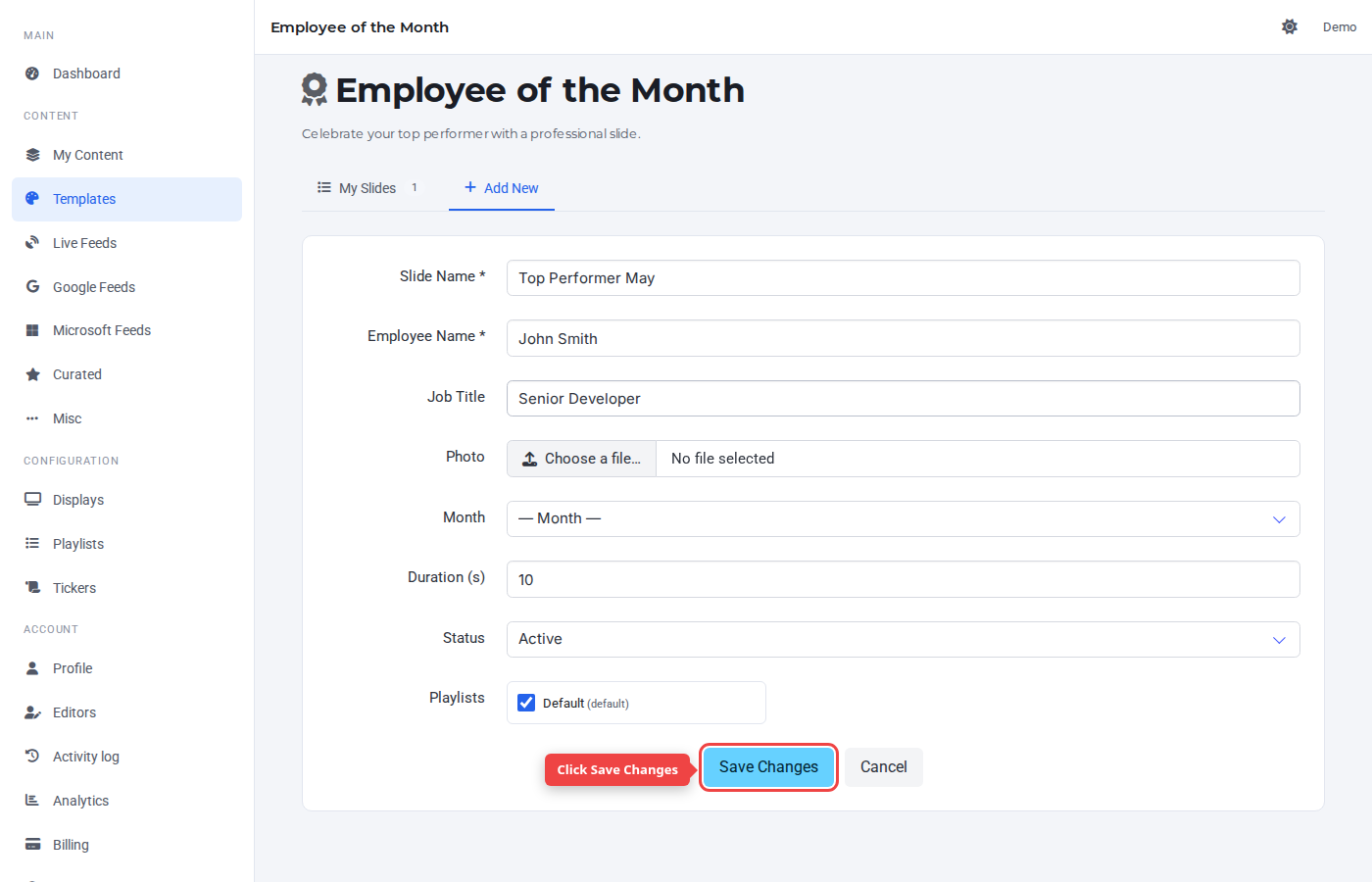 Form bottom with the Save Changes button highlighted