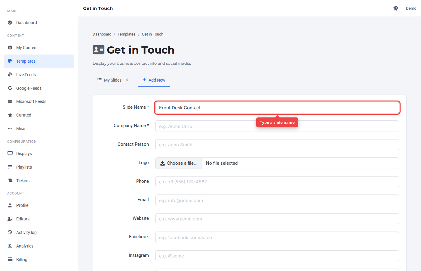 Slide Name field highlighted on the Add New tab