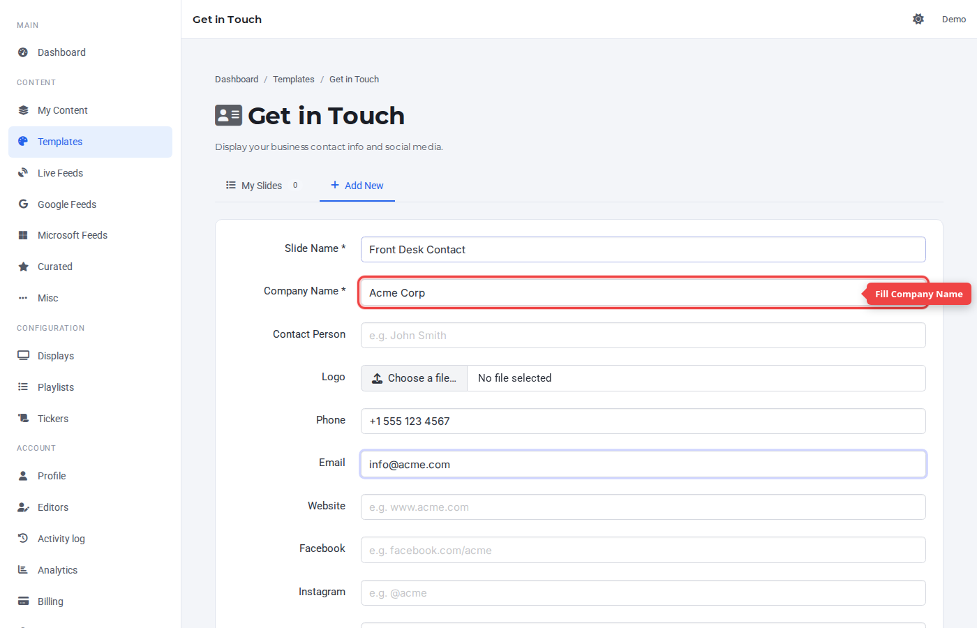 Template-specific fields filled in