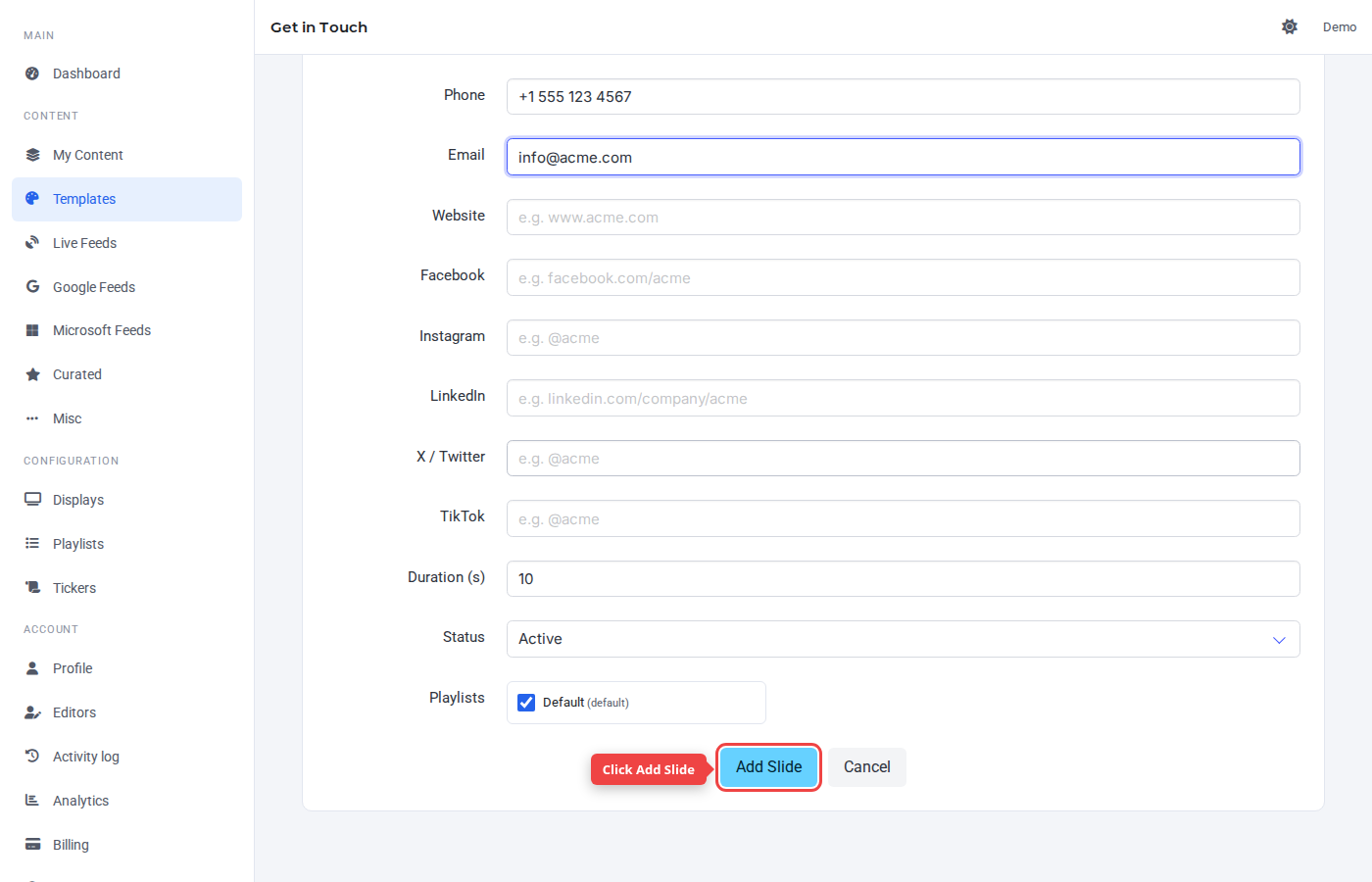Form bottom with the Add Slide button highlighted