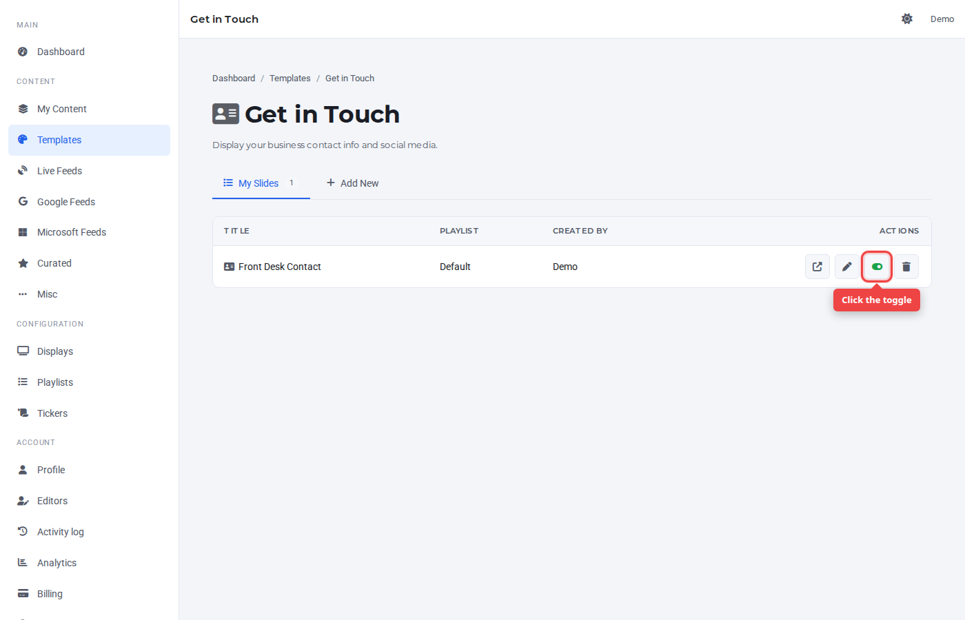 My Slides row with the toggle icon highlighted