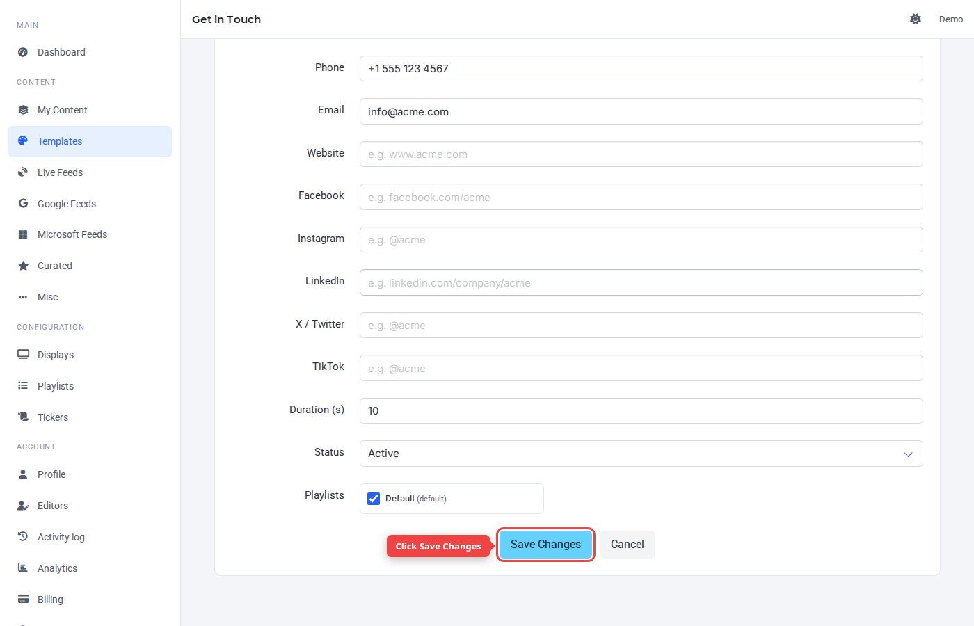 Form bottom with the Save Changes button highlighted