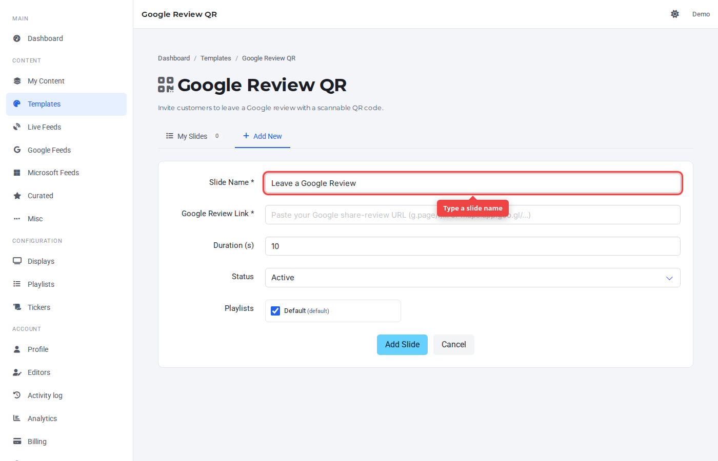 Slide Name field highlighted on the Add New tab