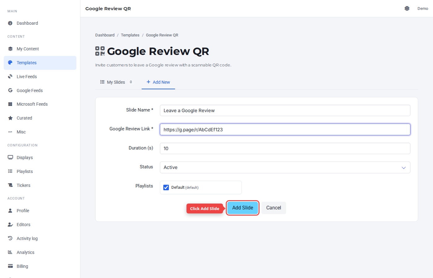 Form bottom with the Add Slide button highlighted