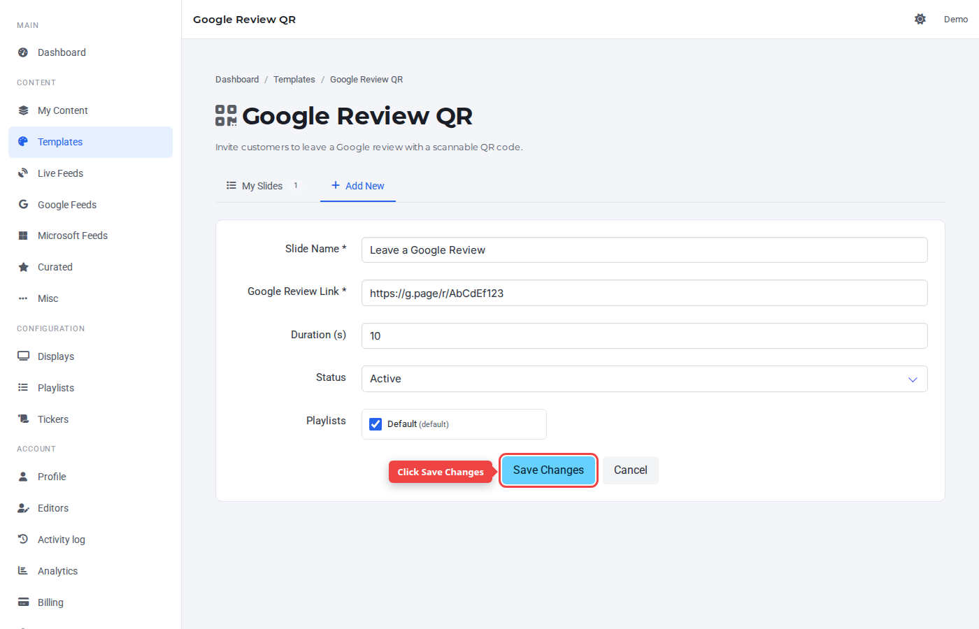 Form bottom with the Save Changes button highlighted