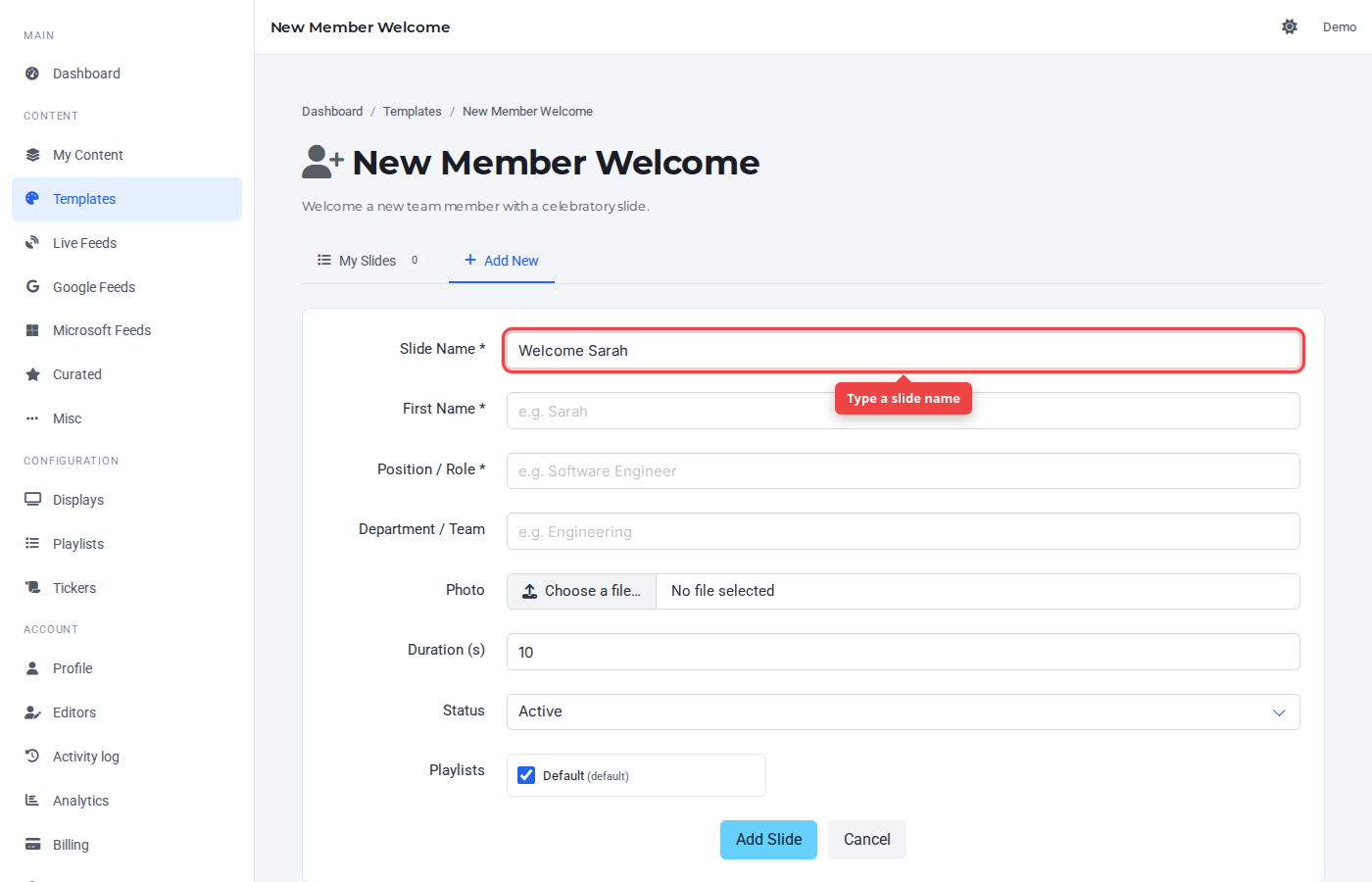 Slide Name field highlighted on the Add New tab