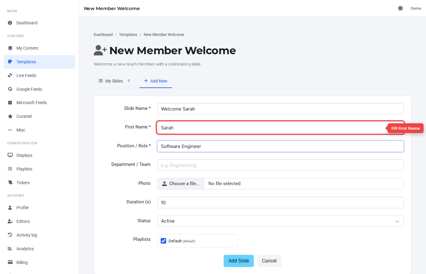 Template-specific fields filled in