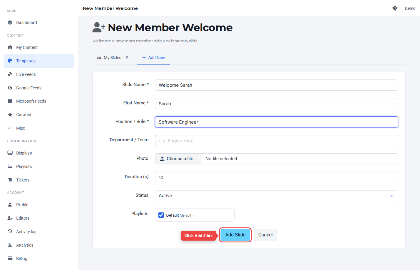Form bottom with the Add Slide button highlighted