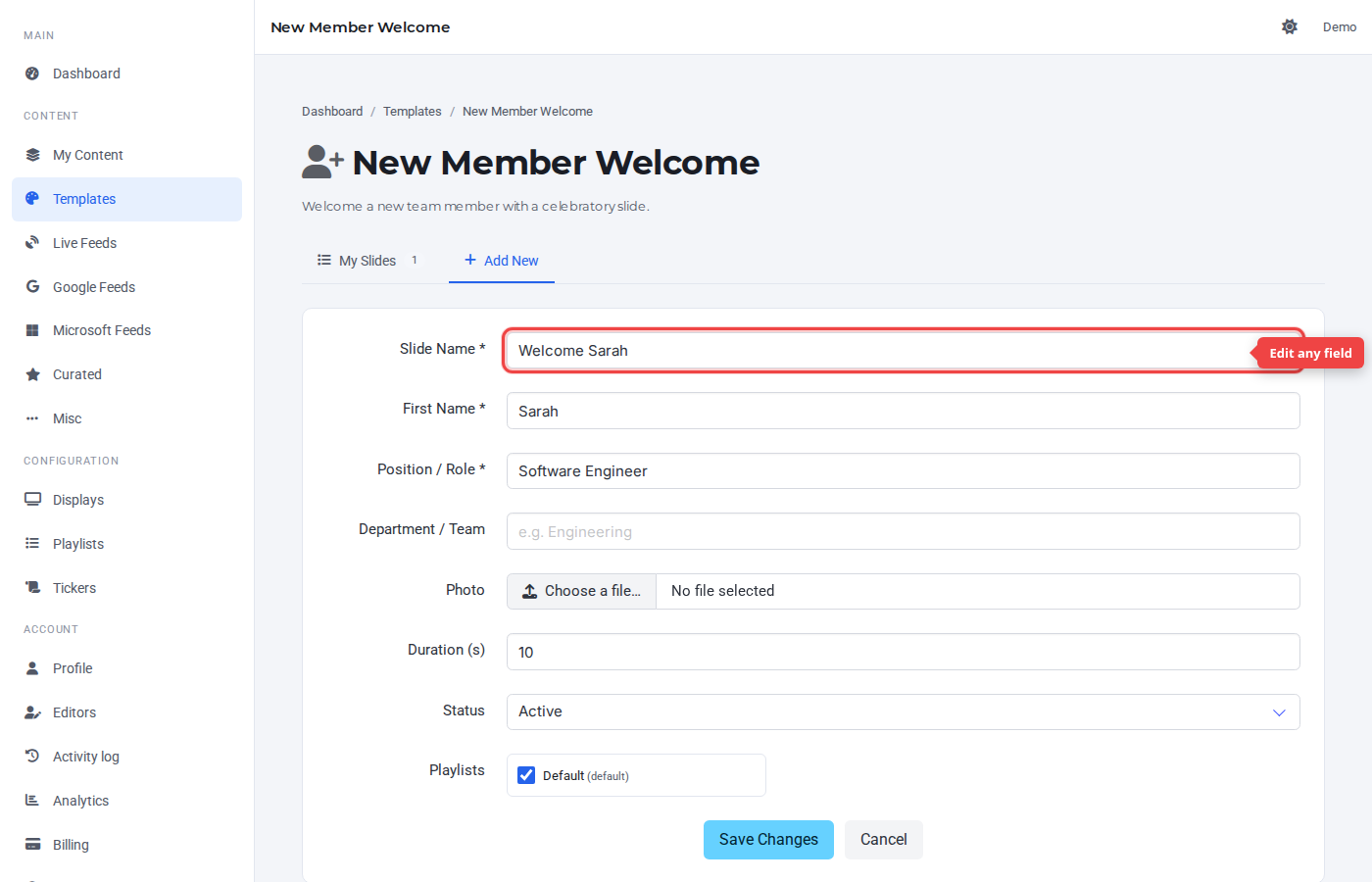Edit form pre-filled with the slide's saved values