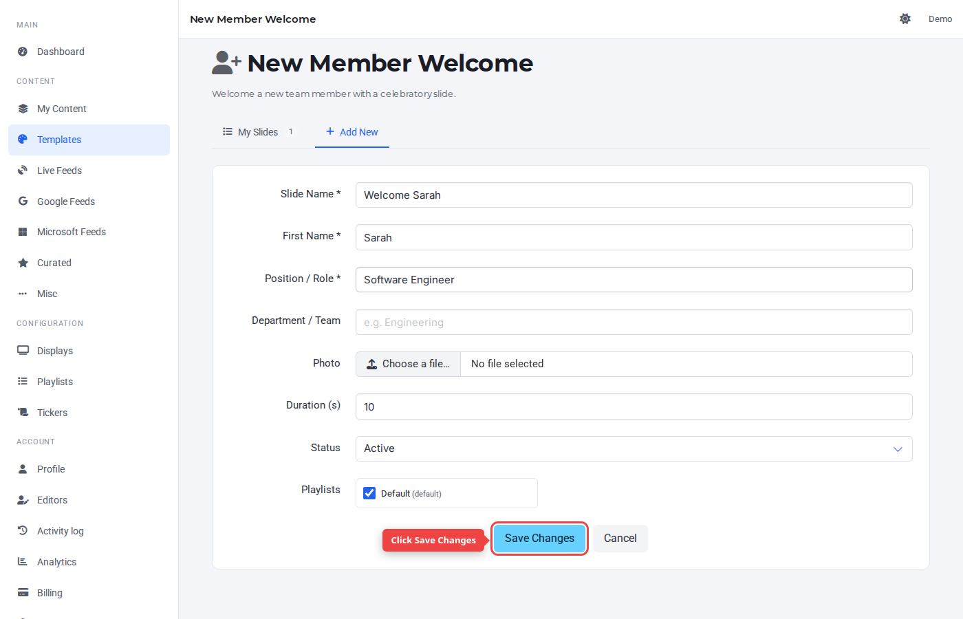 Form bottom with the Save Changes button highlighted