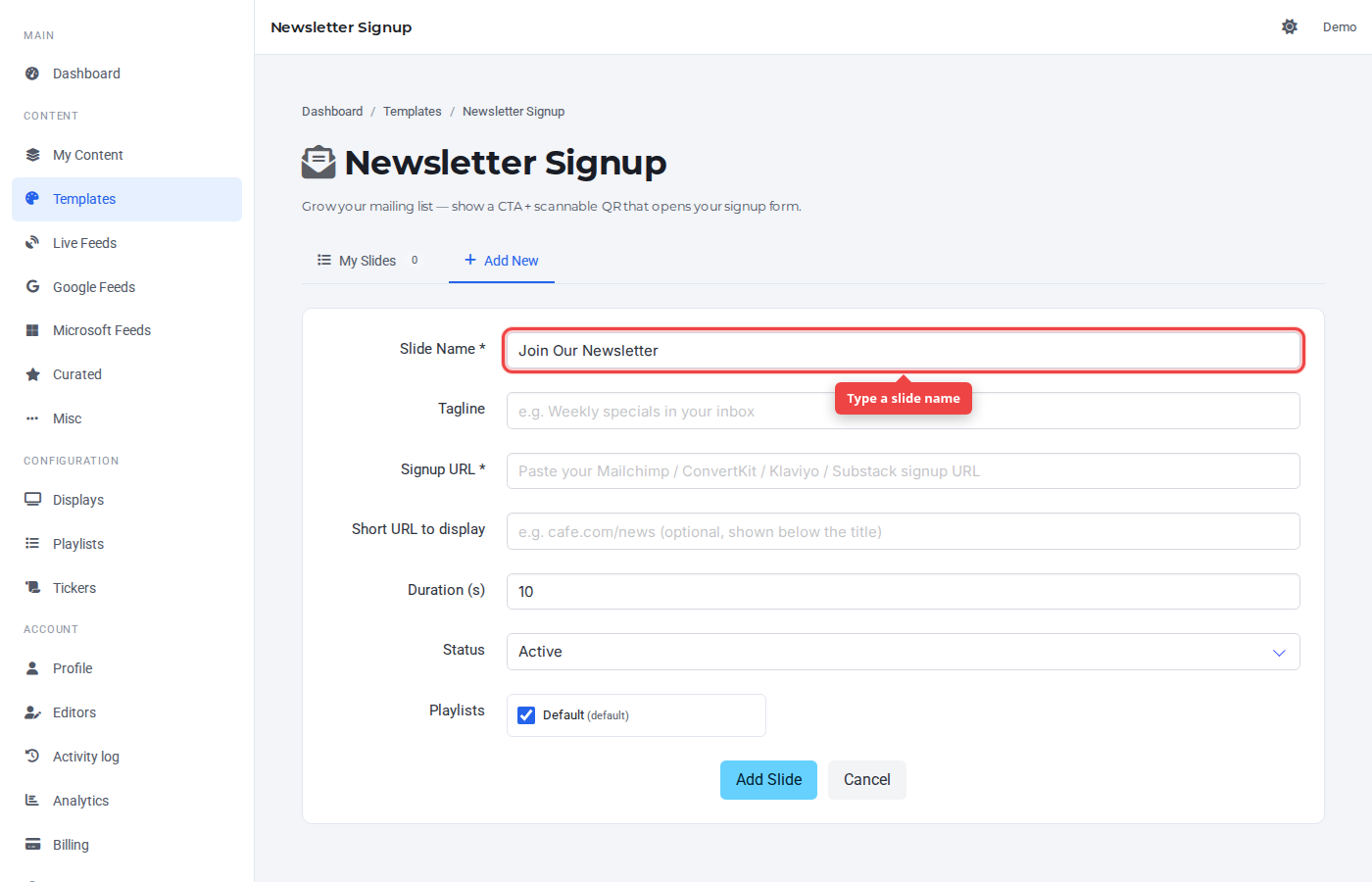 Slide Name field highlighted on the Add New tab